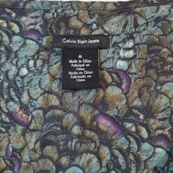 Calvin Klein Jeans Babydoll Blouse M Green Purple Floral V-Neck Tie Waist - Picture 9 of 10